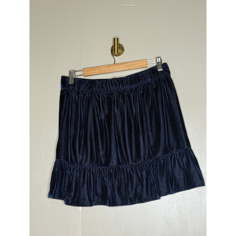J.Crew Navy Velvet Mini Skirt Ruffle Hem Pull On Size Medium - Picture 4 of 6